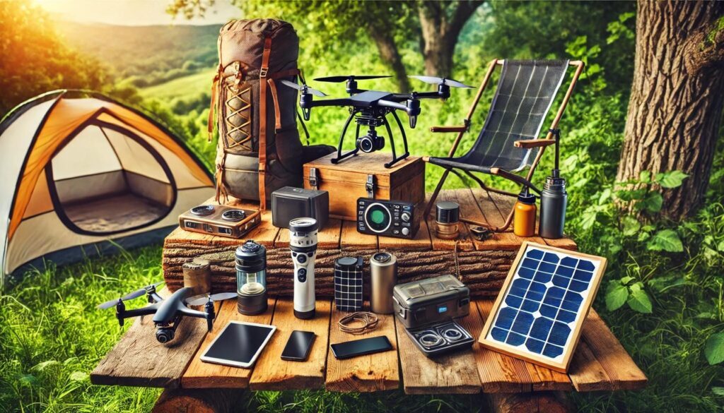 A collection of essential outdoor gadgets for camping and hiking, including portable power stations, water filters, and survival tools