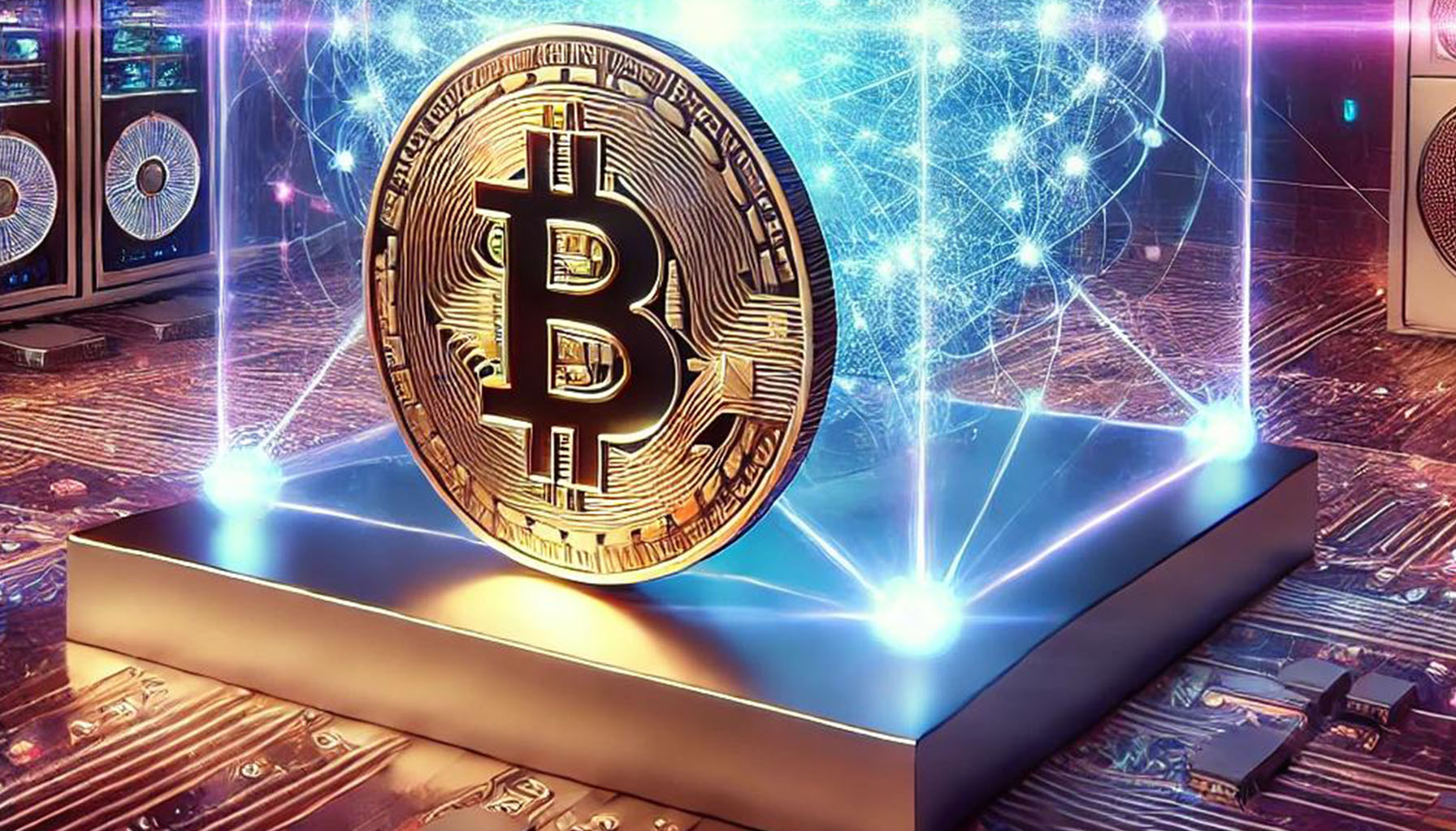 A futuristic digital Bitcoin symbol with quantum computing elements in the background