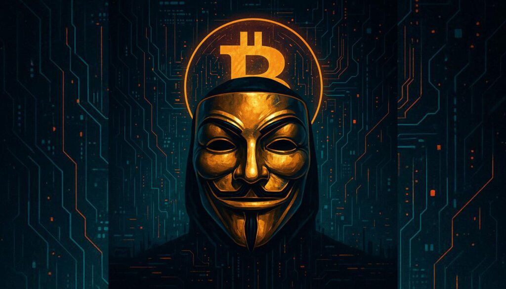 Bitcoin logo with mysterious anonymous figure background